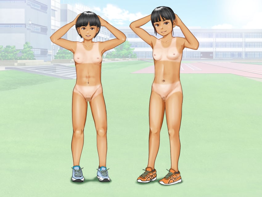 2girls barefoot black_hair breasts censored dark-skinned_female dark_skin highres long_hair looking_at_viewer multiple_girls muscular naked_shoes navel nipples original ponytail pussy short_hair smile tan tanlines tetra2.0 track_and_field