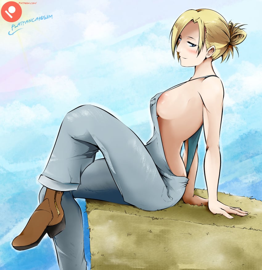 1girls annie_leonhardt attack_on_titan barely_clothed blonde_hair blush farmgirl flatpancakes hair_bun haystack leaning_back looking_at_viewer no_bra no_shirt nude_female outdoors overalls overalls_only patreon_username sitting solo