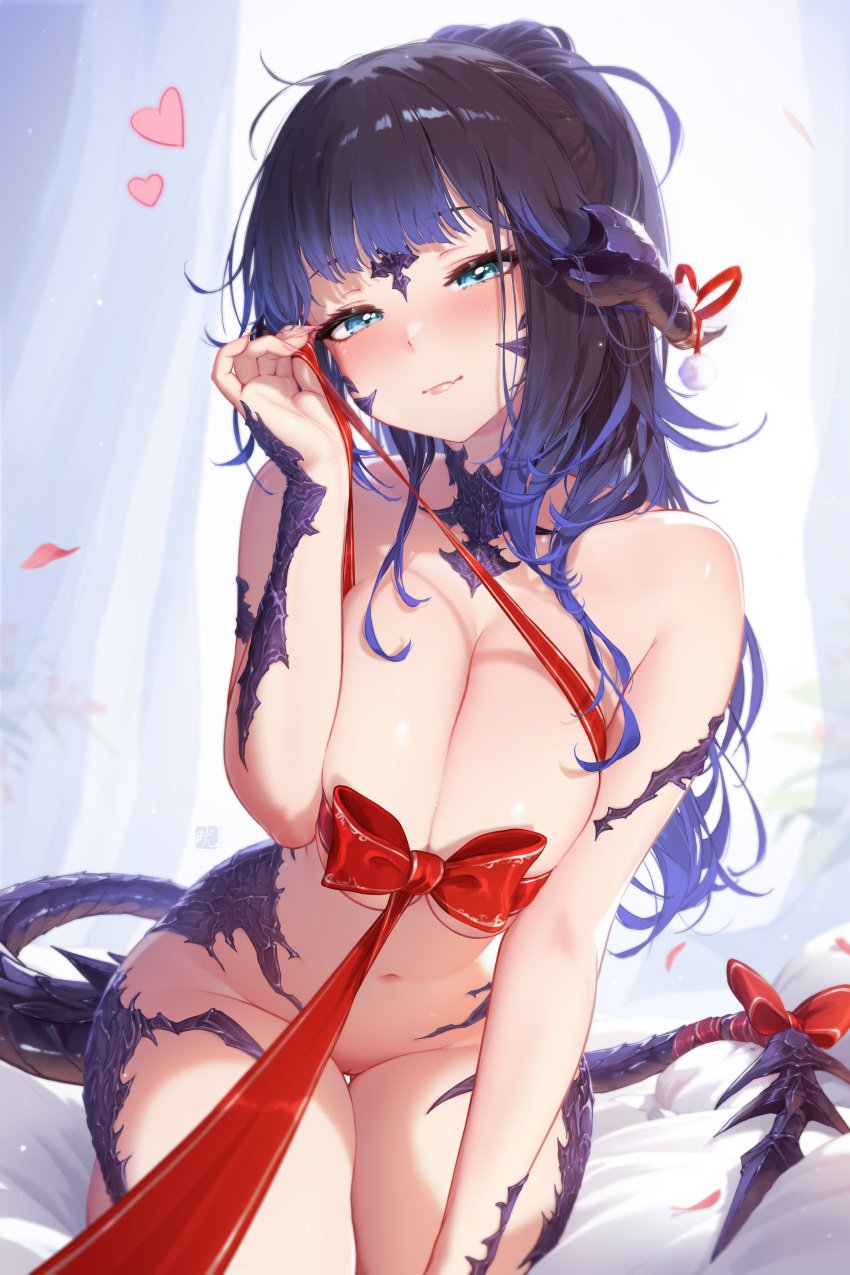 animal_ears areolae au_ra bangs black_hair blue_eyes blurry blurry_background blush bow breasts cleavage closed_mouth collarbone cowboy_shot dragon_girl dragon_horns dragon_tail eyebrows_visible_through_hair female hand_up heart horns indoors large_breasts long_hair looking_at_viewer multicolored_hair naked_ribbon navel nude purple_hair red_bow red_ribbon ribbon scales sitting smile solo stomach striped tail tail_bow thigh_gap