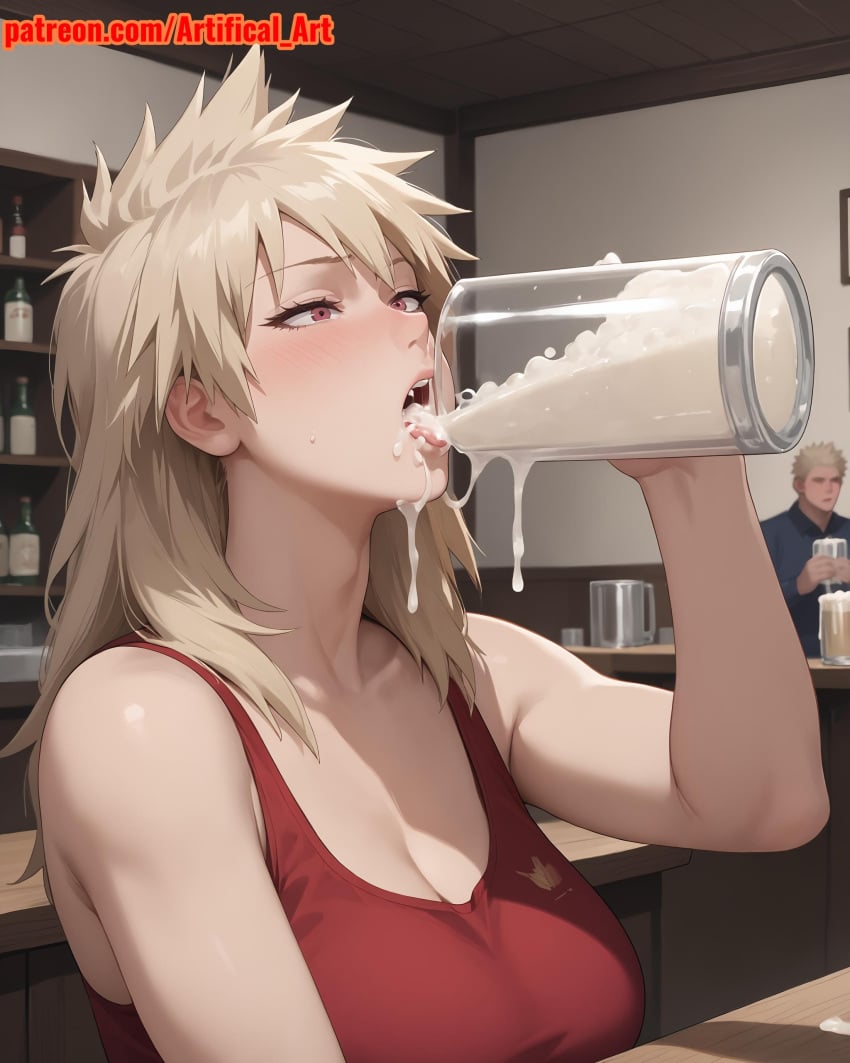 1girls ai_generated artifical_art big_breasts blonde_female blonde_hair blush cum cum_drinking cum_in_mouth curvy_figure dripping dripping_cum dripping_semen light-skinned_female light_skin mature_female mature_woman milf mitsuki_bakugou mommy mother my_hero_academia natural_breasts open_mouth red_eyes seductive short_hair solo voluptuous_female