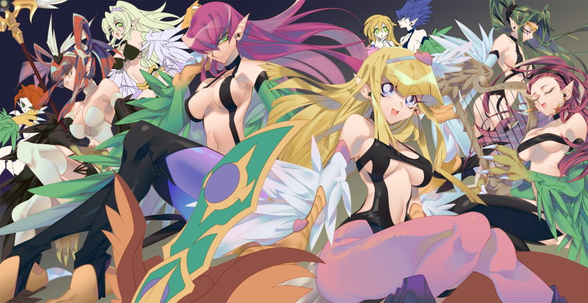 6+girls bare_shoulders bikini black_bikini blonde_hair blue_hair breasts brown_hair dark_magician_girl duel_monster feathered_wings green_eyes green_hair group_picture harpie's_pet_dragon harpie_channeler harpie_dancer harpie_girl_(yu-gi-oh!) harpie_harpist harpie_lady harpie_lady_1 harpie_lady_2 harpie_lady_3 harpie_queen high_ponytail highres large_breasts leotard long_hair medium_breasts misaka_(missa) multiple_girls pantyhose pointy_ears ponytail purple_hair purple_pantyhose revealing_clothes swimsuit thighhighs unfinished white_leotard white_thighhighs winged_arms wings yu-gi-oh!