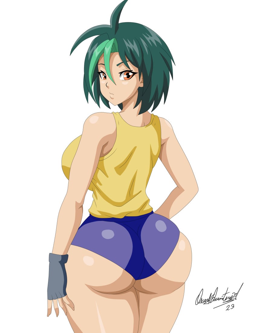 ass closed_mouth clothing gloves green_hair huge_breasts kotori_mizuki looking_at_viewer looking_back orange_eyes ravern_clouk ravernclouk rear_view short_hair tori_meadows voluptuous white_background yu-gi-oh! yu-gi-oh!_zexal