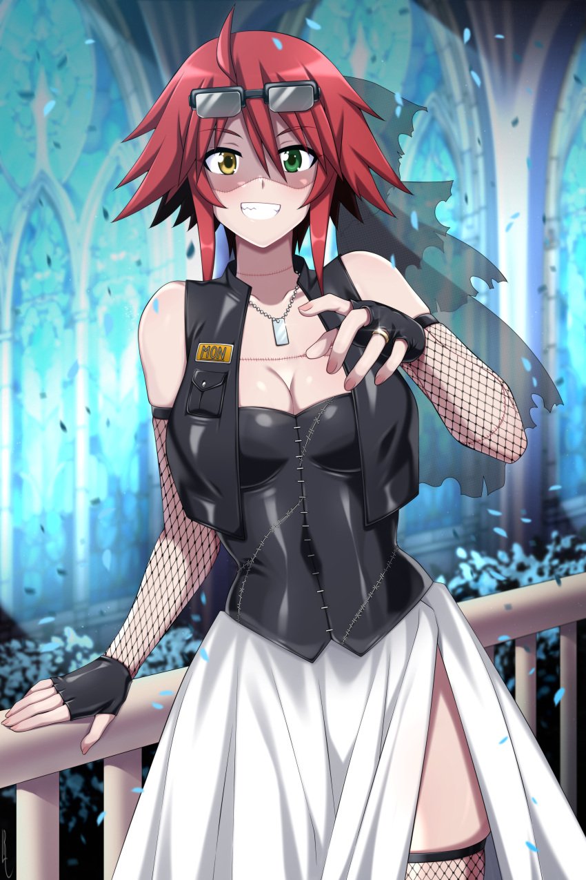 dog_tags fishnet_armwear fishnet_stockings gloves heterochromia lindaroze monster_musume_no_iru_nichijou red_hair tagme wedding_dress zombie zombie_girl zombina