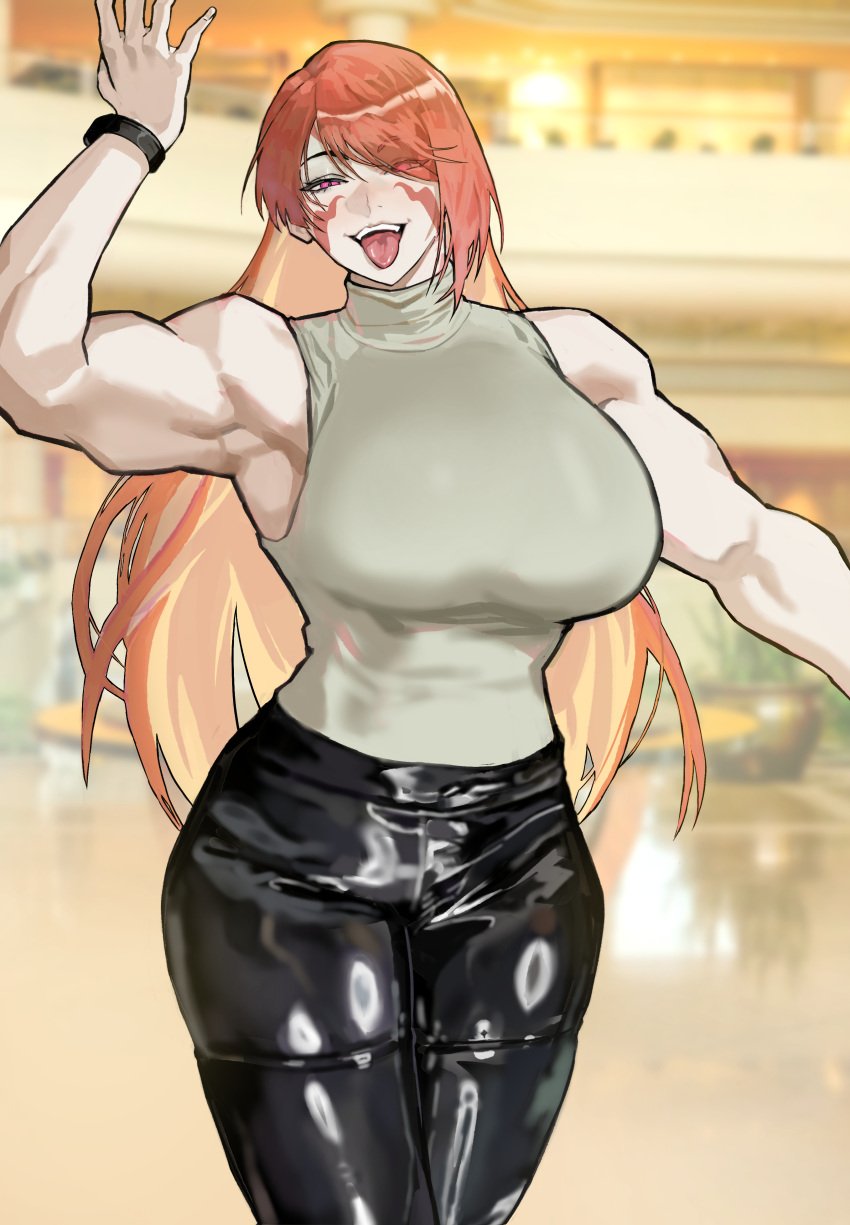 fuma_kotaro_(tenkaichi) leather_pants muscular_female ongjolpark sleeveless_turtleneck tagme