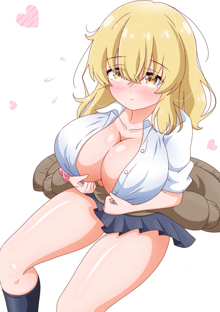 1girls 2busty2hide big_breasts blonde_hair blue_skirt breasts brown_cardigan cardigan cardigan_around_waist cleavage clothes_around_waist collarbone commentary_request crossed_bangs female female female_focus female_only flying_sweatdrops hair_ornament heart higa_kana highres huge_breasts imai_kazunari large_breasts long_hair looking_at_viewer okinawa_de_suki_ni_natta_ko_ga_hougen_sugite_tsurasugiru oppai partial_commentary school_uniform scrunchie shirt simple_background sitting skirt sleeves_rolled_up solo thighs voluptuous voluptuous_female white_background white_shirt wrist_scrunchie yellow_eyes