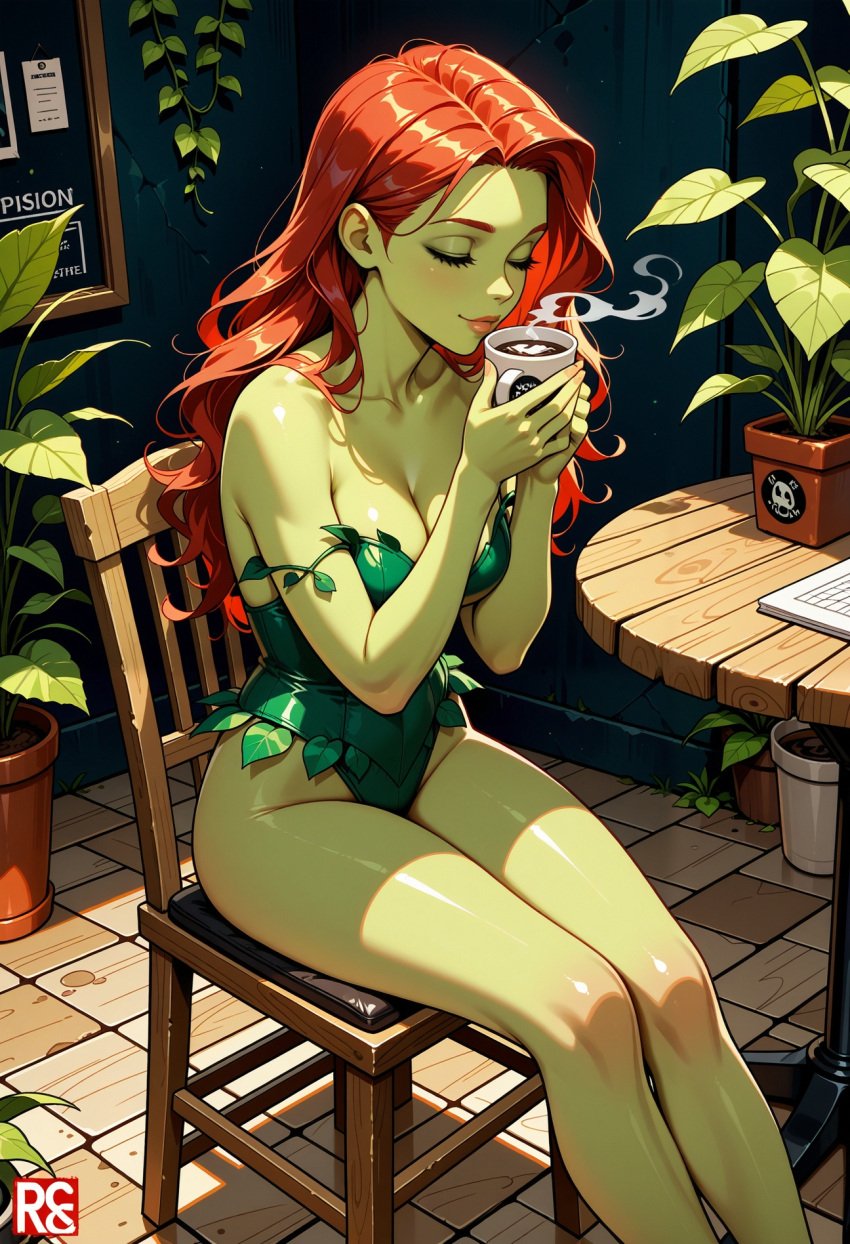 ai_generated breasts cleavage dc_comics female green_skin indoors legs plants poison_ivy red_hair