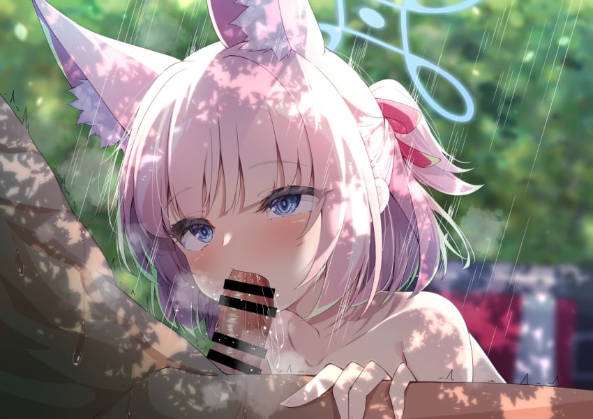 1boy animal_ear_fluff animal_ears backlighting bar_censor blue_archive blue_eyes blue_halo blunt_bangs blurry blurry_background blush breath censored close-up collarbone commentary_request dappled_sunlight day extra_ears eyelashes fellatio female fox_ears fox_girl hair_ribbon half_updo halo highres looking_at_another madotsukumo medium_hair motion_lines niko_(blue_archive) nude oral outdoors paid_reward_available penis pink_hair pink_ribbon ponytail public_indecency ribbon saliva short_ponytail solo_focus straight sunlight sweat twitching upturned_eyes variant_set