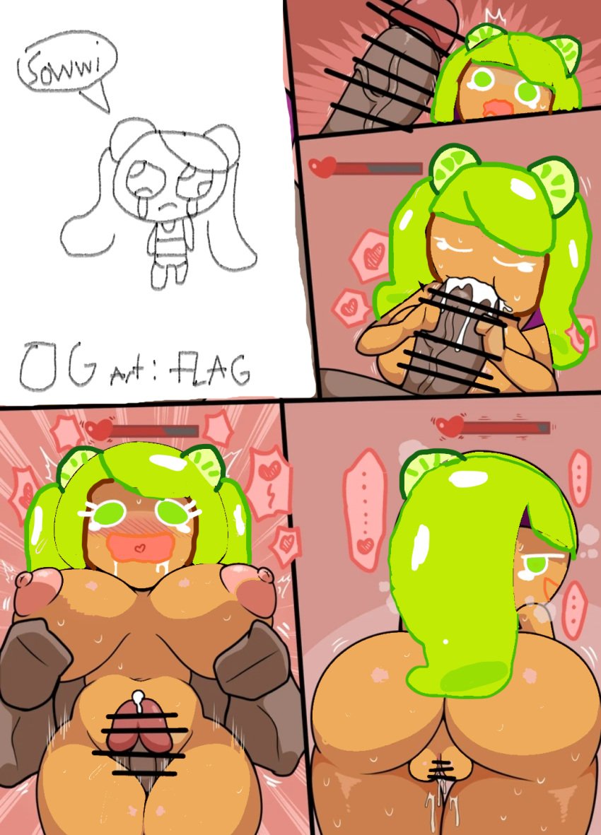 1boy 1boy1girl 1girls ass_focus big_ass big_breasts cookie_run cookie_run_ovenbreak cum cum_in_mouth cum_inside edit edited fan_edit flag_(artist) green_eyes green_hair horny lime_cookie long_hair nude penis_between_thighs replacement sucking_penis traced traced_art wet_pussy