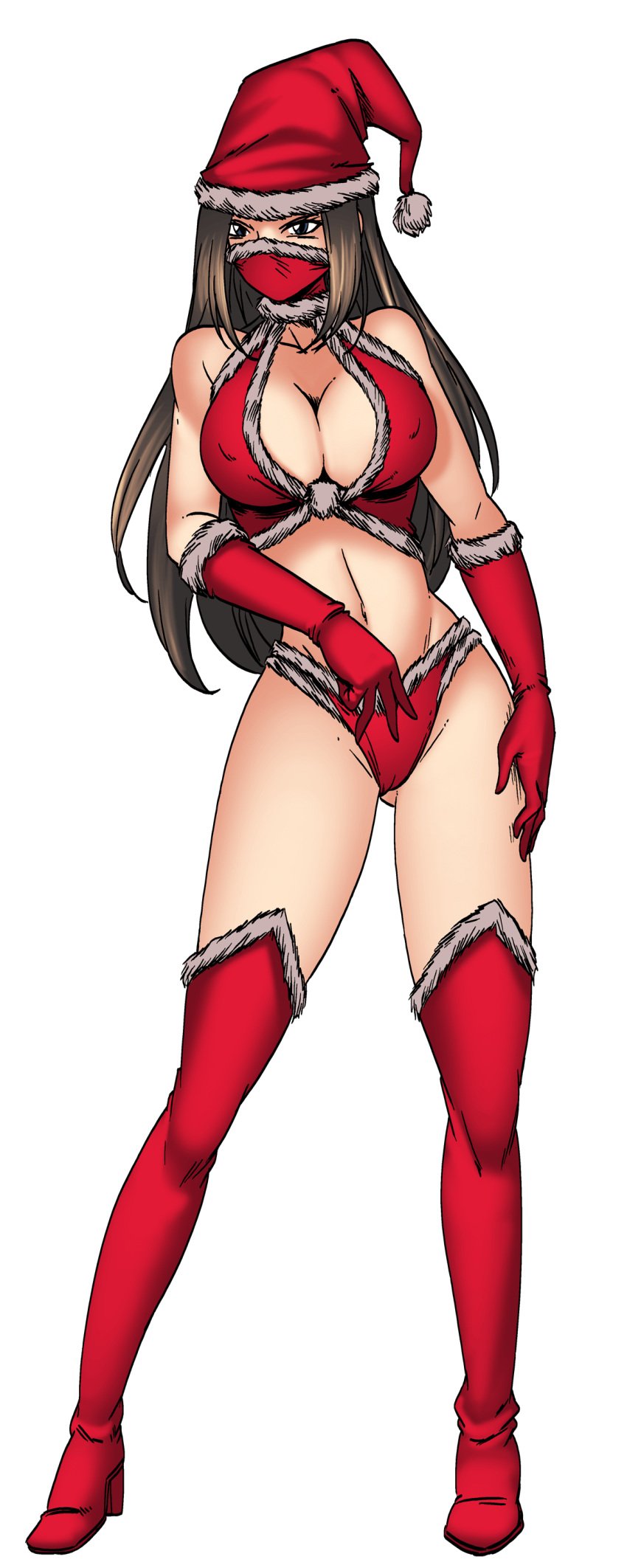 bikini blue_eyes christmas_outfit dark_hair game harem_heroes high_heel_boots kitana official_art parody pillow_shading presenting santa_costume santa_hat sung_tai_ki