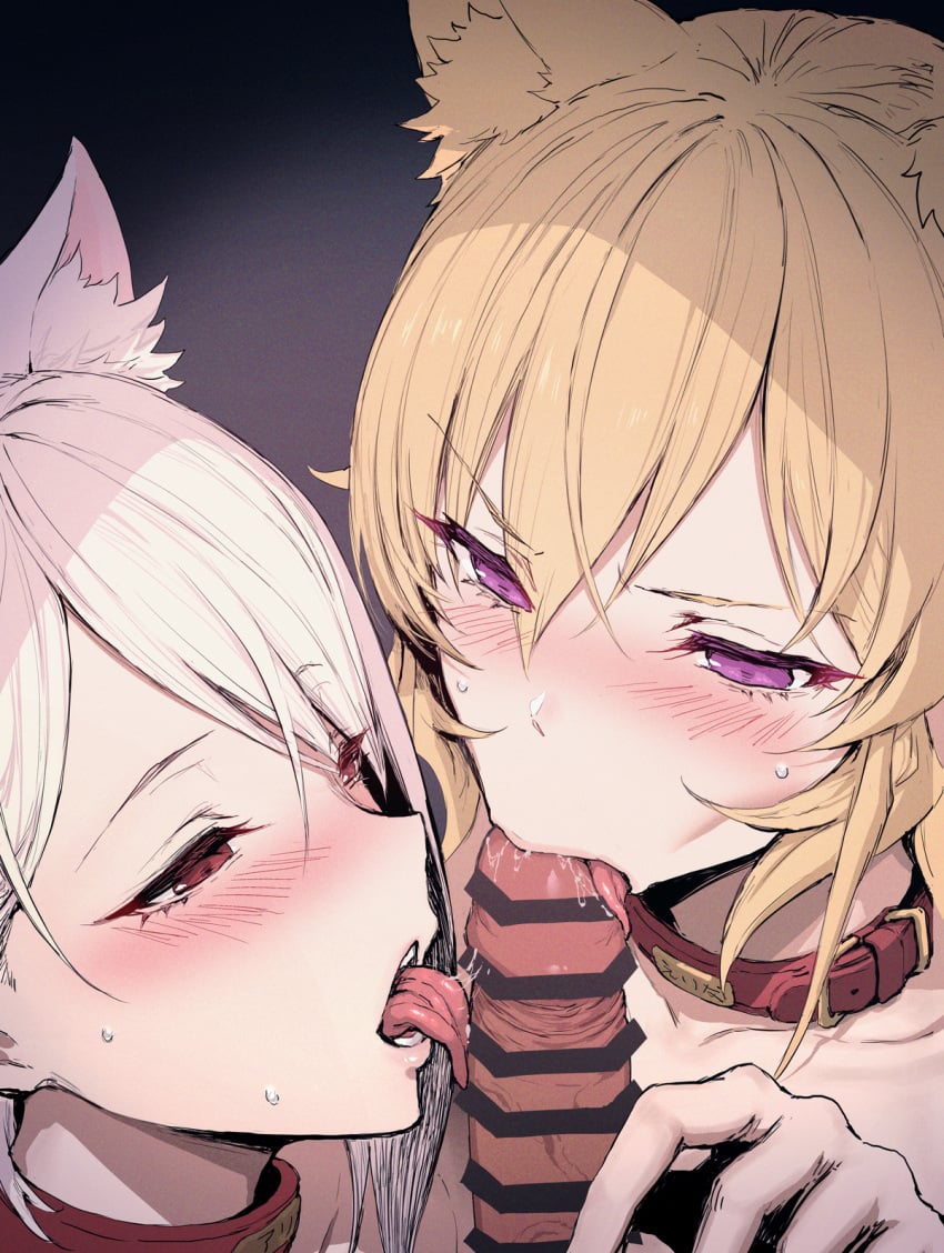 1boy 2girls :>= blonde_hair blush cat_ears catgirl censor_bar censored collarbone cousins eyebrows_visible_through_hair fellatio gradient_background hair_between_eyes haoni hi_res leash licking long_hair nakiri_alice nakiri_erina nude open_mouth penis pov purple_eyes red_eyes saliva shokugeki_no_souma short_hair sidelocks simple_background straight sweat teeth tongue tongue_out white_hair