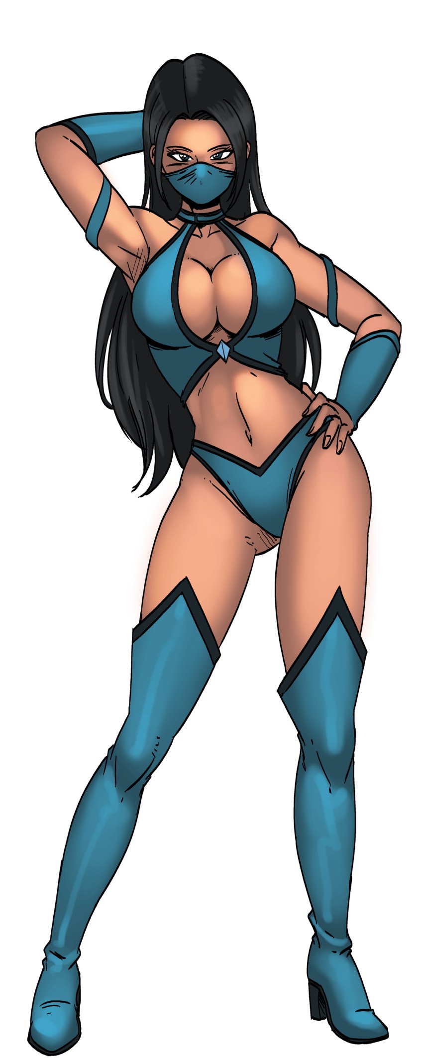 armpits bikini blue_eyes dark_hair game gym_uniform harem_heroes high_heel_boots kitana masked_female official_art parody presenting sung_tai_ki