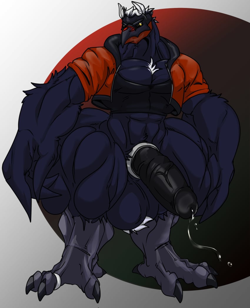 2022 4_fingers 4_toes absurd_res anthro anthrofied balls beak big_balls big_muscles big_pecs big_penis black_balls black_body black_penis bodily_fluids body_hair bottomless chest_hair clothed clothing corviknight cum ejaculation erection feet fierglief fierglief_(character) fingers generation_8_pokemon genital_fluids genitals hi_res huge_balls huge_cock huge_muscles huge_pecs humanoid_genitalia humanoid_penis hyper hyper_balls hyper_genitalia hyper_muscles hyper_penis jacket male muscular nintendo pecs penis pokemon pokemon_(species) shirt smile solo standing toes topwear vein veiny_penis yellow_eyes