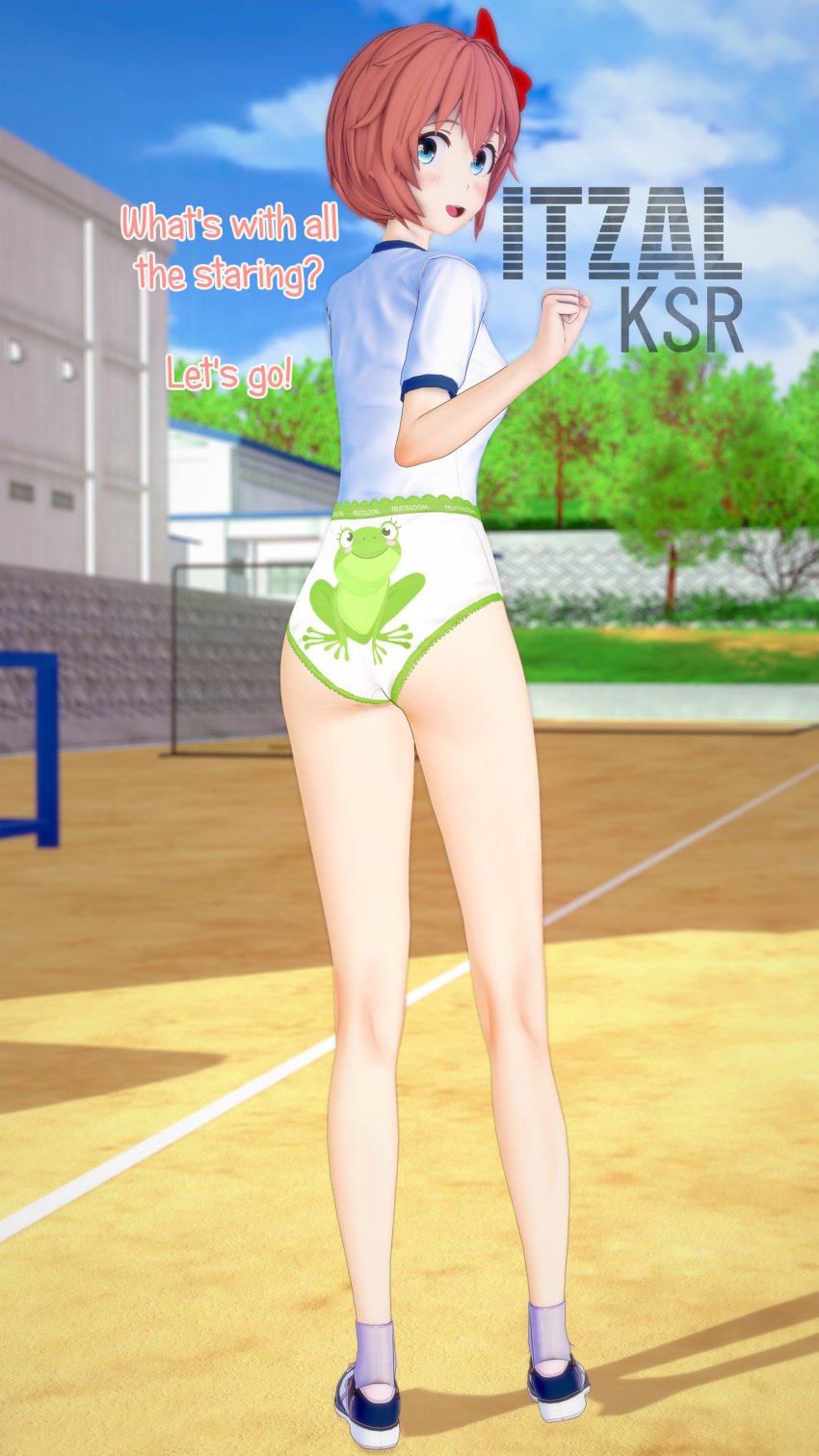 alternate_version_at_source blue bow_in_hair childish_panties doki_doki_literature_club eyes forgot_pants frog_print itzalksr looking_at_viewer more_at_source outdoors panties print_panties sayori_(doki_doki_literature_club) schoolyard strawberry_blonde_hair t_shirt