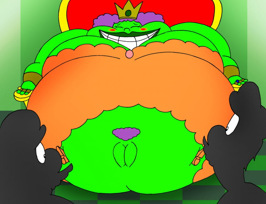 1girls 2boys big_breasts blush clothing crown dress enormous_breasts fat fat_belly female green_lips green_lipstick green_skin hair huge_breasts indoors jewelry large_breasts lips lipstick looking_at_pussy luigi male mario mario_(series) mario_and_luigi:_superstar_saga mario_and_luigi_(series) massive_breasts nintendo obese obese_female overweight overweight_female pubic_hair pussy queen queen_bean_(nintendo) rings robot001 royalty shoes silhouette silhouetted_body sitting smiling teeth throne