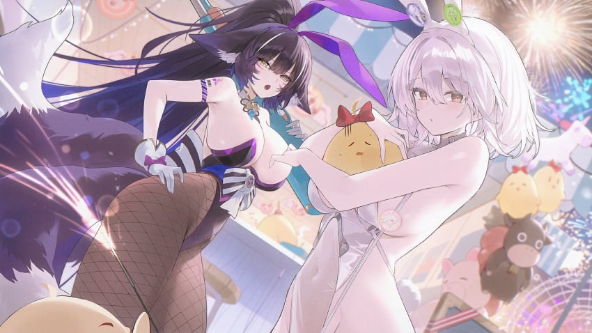 2girls animal_ears azur_lane big_breasts black_hair breasts bunnysuit cleavage fake_animal_ears female fishnets fluffy_ears game hair_ornament holding_breast huge_breasts kitsune leotard light-skinned_female long_hair looking_at_viewer manjuu_(azur_lane) musashi_(azur_lane) musashi_(the_purple_rabbit&#039;s_marksmanship)_(azur_lane) official_art playboy_bunny sirius_(azur_lane) sirius_(rabbit_of_paradise)_(azur_lane) skimpy skimpy_clothes strapless suggestive teasing white_hair yellow_eyes