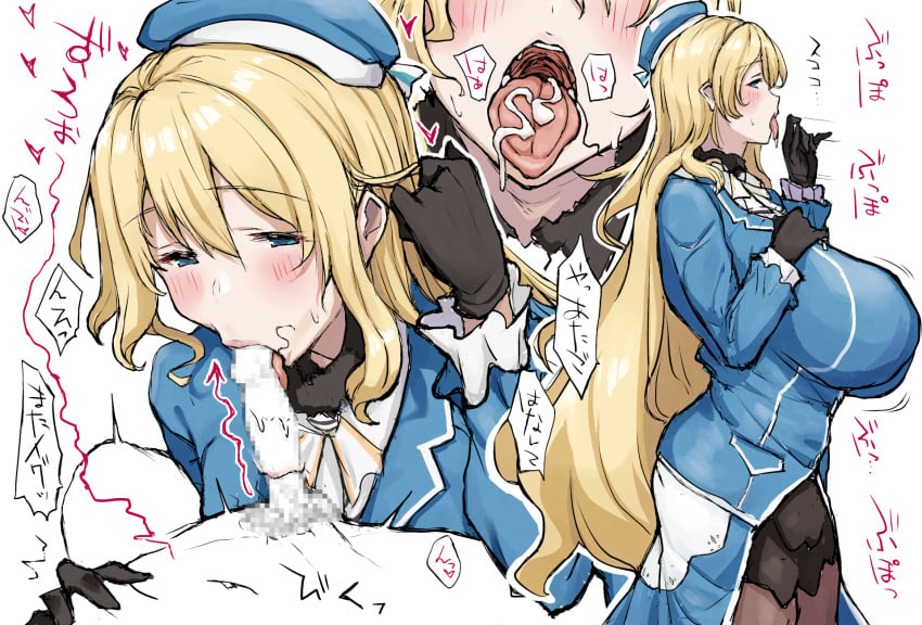 1boy 1girls atago_(kantai_collection) beret black_gloves blonde_hair breasts close-up clothed_female_nude_male cum cum_in_mouth fellatio fellatio_gesture female gloves green_eyes hat highres huge_breasts kantai_collection long_hair male male/female military_uniform nasakene nude open_mouth oral partially_colored straight stray_pubic_hair tongue tongue_out