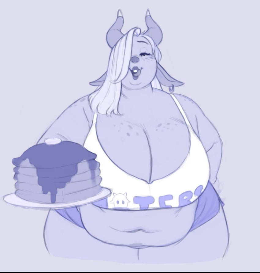 bbw belly big_belly big_breasts bovine chubby chubby_female cow_girl double_chin licking_lips overweight overweight_female pancake pewbutt