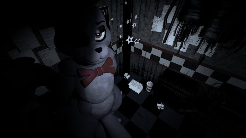 3d_(artwork) absurd_res animatronic anthro balls big_balls bonnie_(fnaf) bow_tie bow_tie_only checkered checkered_floor dark digital_media_(artwork) five_nights_at_freddy's genitals half-closed_eyes hi_res high-angle_view horror_(theme) lagomorph leporid long_penis looking_at_viewer looking_up looking_up_at_viewer machine male mammal mostly_nude narrowed_eyes penis rabbit red_bow_tie robot robot_anthro rukoqen scottgames solo wide_hips