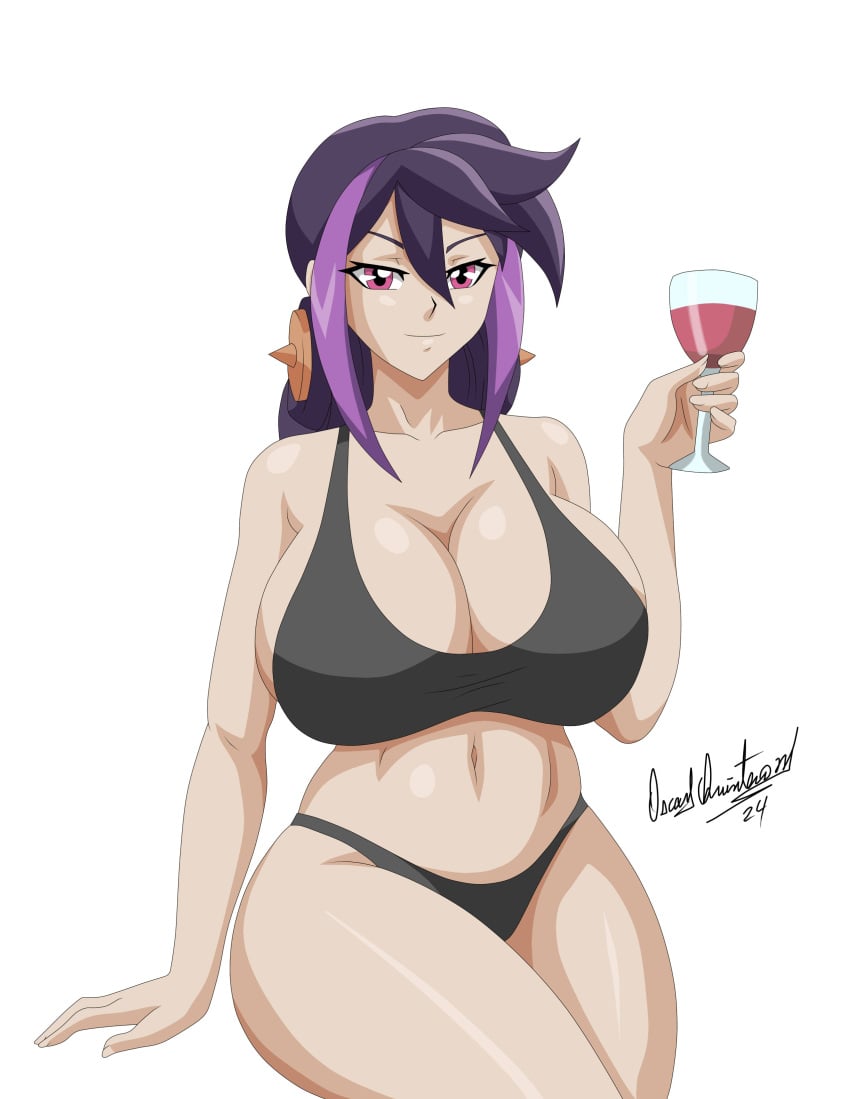 1girls abdomen accessory closed_mouth female hi_res huge_breasts kurosaki_ruri looking_at_viewer lulu_obsidian navel purple_hair ravern_clouk ravernclouk red_eyes sitting smile solo thighs underwear white_background wine_glass yu-gi-oh! yu-gi-oh!_arc-v