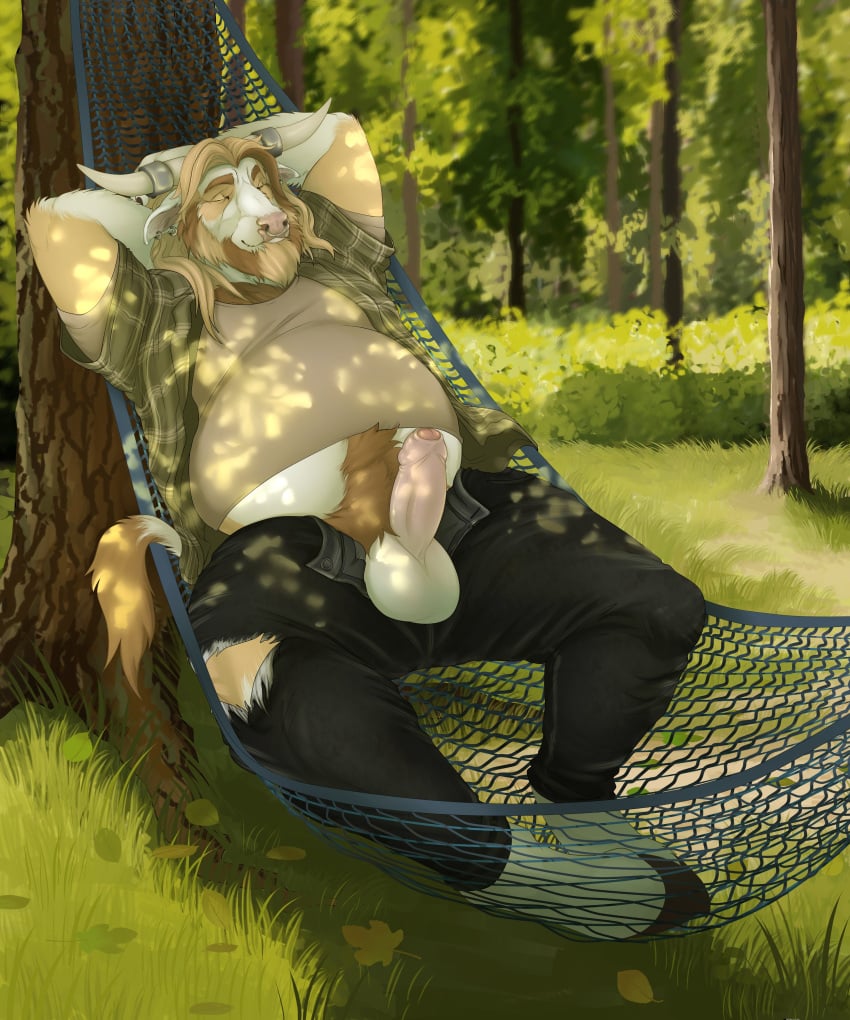 2025 absurd_res anthro balls beard belly belly_hair big_belly blonde_hair body_hair bottomwear bovid bovine brown_hair cattle chest_hair chubchow closed_eyes clothed clothing ear_piercing erection facial_hair facial_piercing foreskin forest forest_background genitals grin hair hammock hands_behind_head happy_trail hi_res hooves horn horn_jewelry horn_ring jewelry leaf long_hair lying male mammal manly multicolored_hair nature nature_background nose_piercing nose_ring on_back open_bottomwear open_clothing open_pants open_shirt open_topwear outside overweight pants penis piercing plant reclining resting ring_(jewelry) ring_piercing shadow shirt shirt_up sleeping smile solo topwear torn_bottomwear torn_clothing torn_pants tree two_tone_hair undershirt