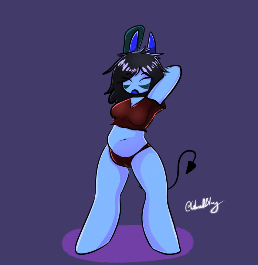 belly black_hair blue_horns blue_skin bluedevil bluey_(bluedevil) bra chubby demon demon_girl demon_horns demon_tail long_hair navel oni original panties red_bra red_panties roblox robloxian self_insert simple_background stretching tagme tummy twitter_username