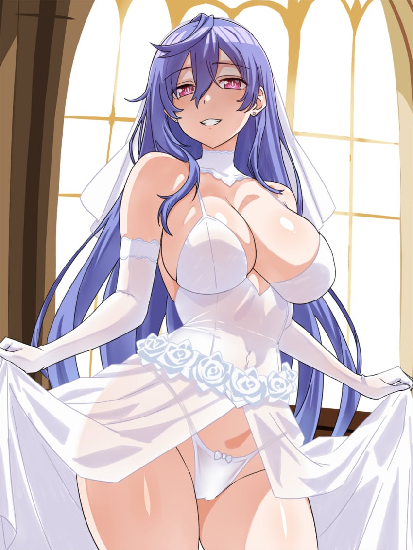 big_breasts cleavage goddess iris_heart light_skin looking_at_viewer neptunia_(series) panties pink_hair plutia purple_hair skirt_lift smile solo wedding_dress zatsu