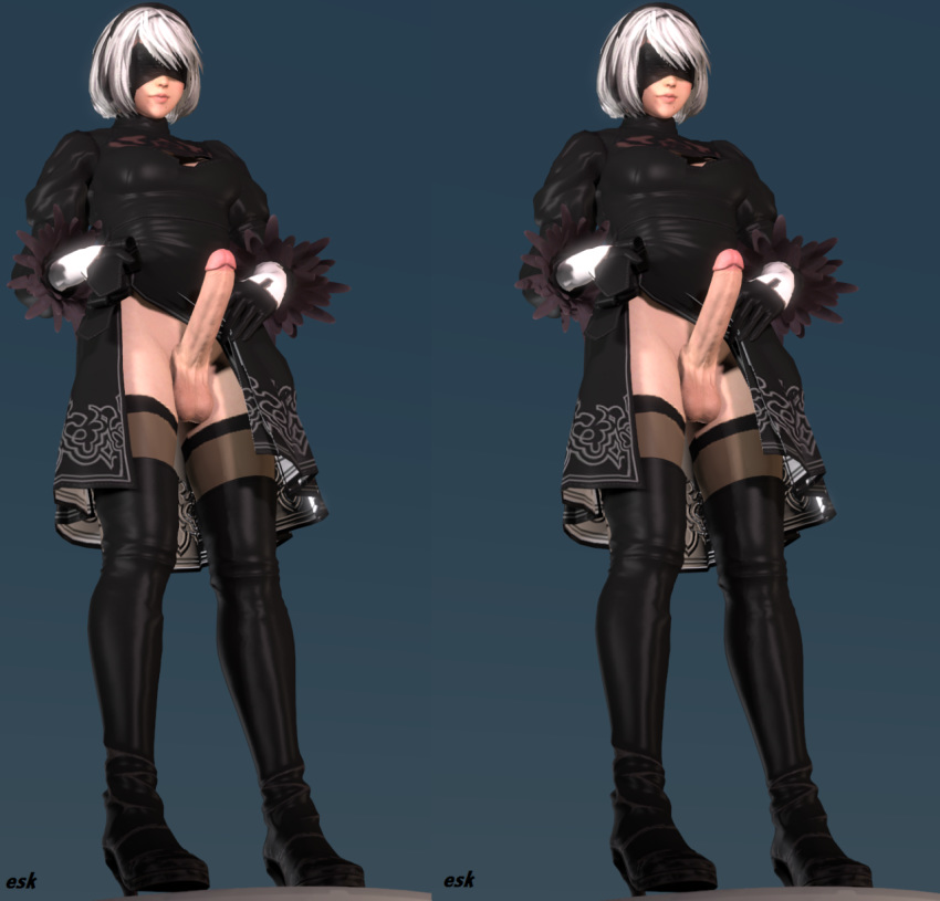 1futa 3d balls blindfold breasts cleavage curvy erection erection_under_clothes erection_under_skirt esk futa_only futa_with_futa futanari intersex large_breasts large_penis nier:_automata no_panties penis penis_out penis_under_clothes penis_under_skirt skirt skirt_lift standing yorha_2b