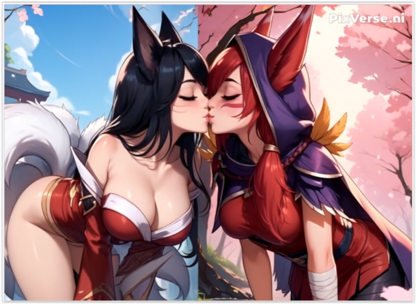 2girls ahri ai_generated flirting girl_on_girl girlfriend girlfriends kissing league_of_legends lesbian_couple lesbian_kiss lesbian_sex lovers vastaya xayah yuri yuri yuri