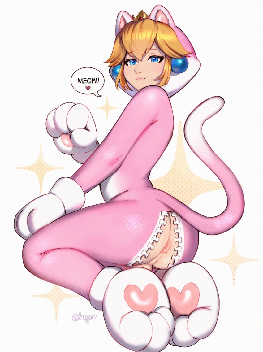 1boy 2025 anus ass blonde_hair blue_eyes bodysuit cat_ears cat_outfit cat_paws cat_peach cat_tail erection femboy feminine_male genderswap_(ftm) girly hi_res kneeling looking_at_viewer male male_only mario_(series) nintendo prince_apricot princess_peach rule_63 smiling smiling_at_viewer solo speech_bubble super_mario_3d_world super_mario_bros. targso text unzipped