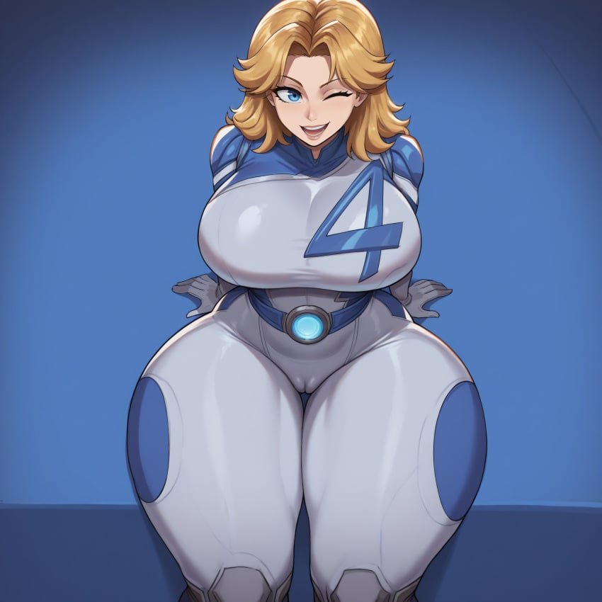 ai_generated bare_thighs blonde_hair blue_eyes bodysuit fantastic_four gigantic_breasts heroine huge_breasts huge_thighs invisible_woman invisible_woman_(marvel_rivals) light-skinned_female light_skin long_hair looking_at_viewer marvel marvel_comics marvel_rivals massive_breasts mature_female milf one_eye_closed pussy_visible_through_clothes smiling smogai solo_female squatting sue_richards sue_storm sweat sweatdrop thick_body thick_female thick_thighs thighs voluptuous voluptuous_female