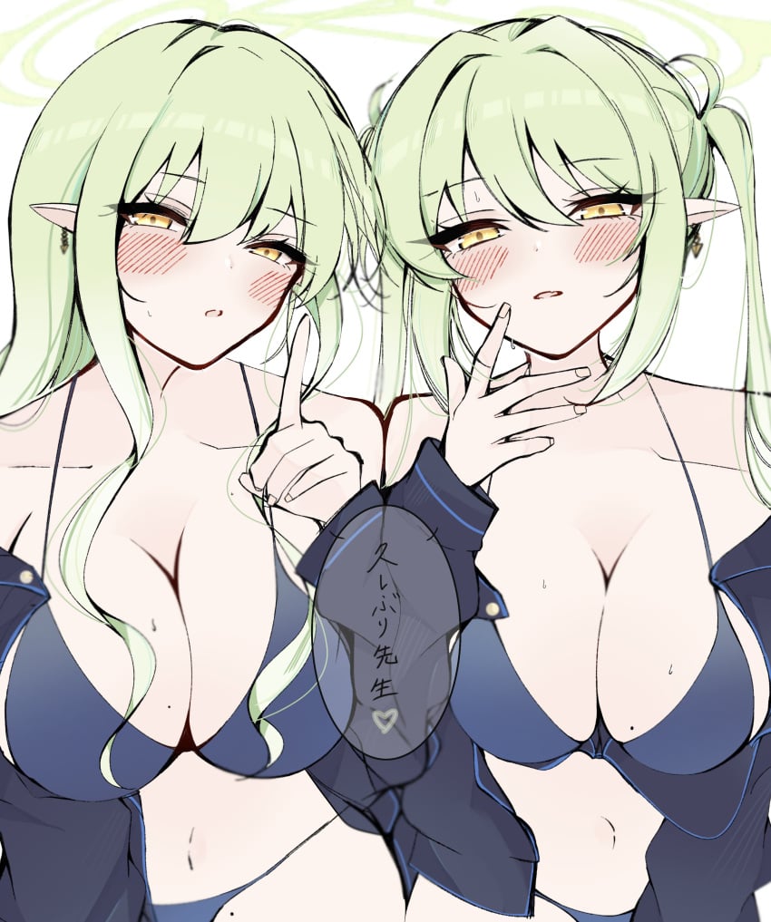 2girls absurdres alternate_costume bikini black_jacket blue_archive blue_bikini blush breasts cleavage green_hair hayato_hoshi604 highlander_railroad_academy_student highlander_railway_academy highres hikari_(blue_archive) jacket large_breasts long_hair long_sleeves looking_at_viewer multiple_girls nozomi_(blue_archive) pointing pointing_up pointy_ears sidelocks swimsuit twintails very_long_hair yellow_eyes