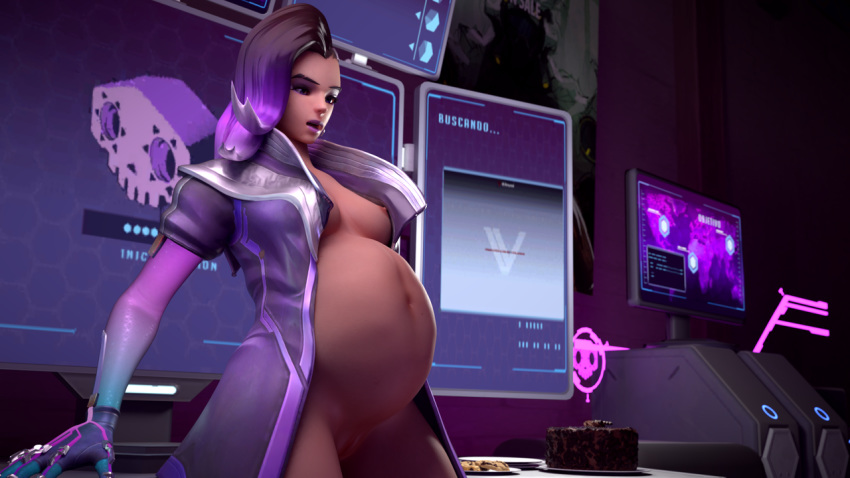 3d belly big_belly breasts casualmuffin dark_skin female latina nipples overwatch sombra stuffing