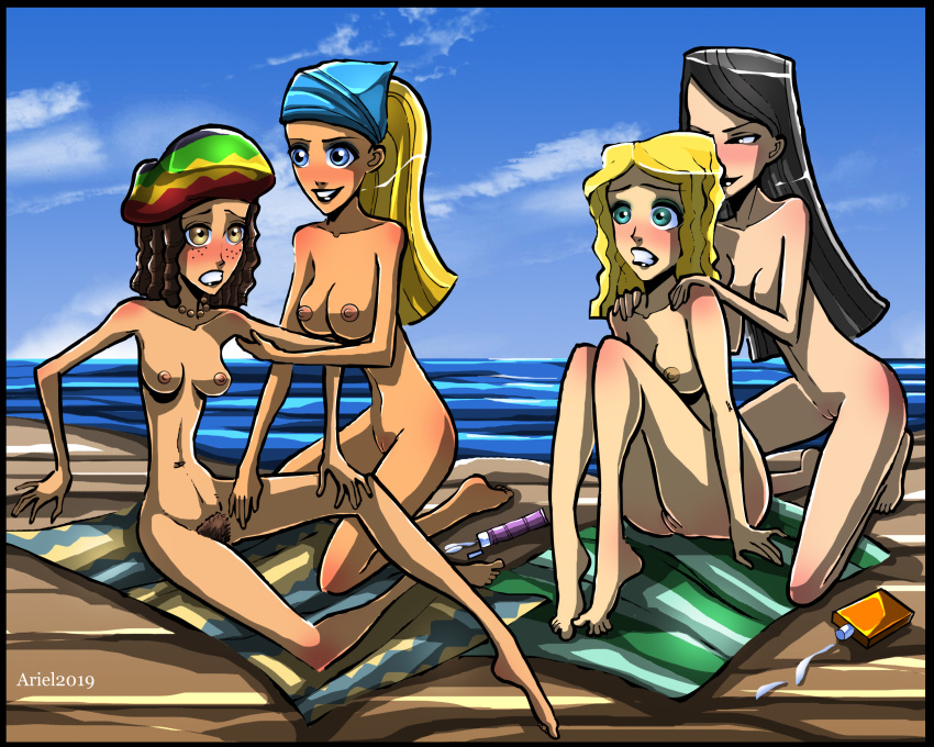 4girls aroberts ass beach big_breasts bimbo blonde_hair blue_eyes blush breasts busty carrie_(tdi) clenched_teeth embarrassed female female_only freckles heather_(tdi) hippie human human_only imminent_death killer_lotion large_breasts laurie_(tdi) lindsay_(tdi) long_hair lotion multiple_girls murder nipples nude peril pubic_hair pussy ryona scared snuff sunbathing sunscreen surprised the_ridonculous_race total_drama_island towel yellow_eyes