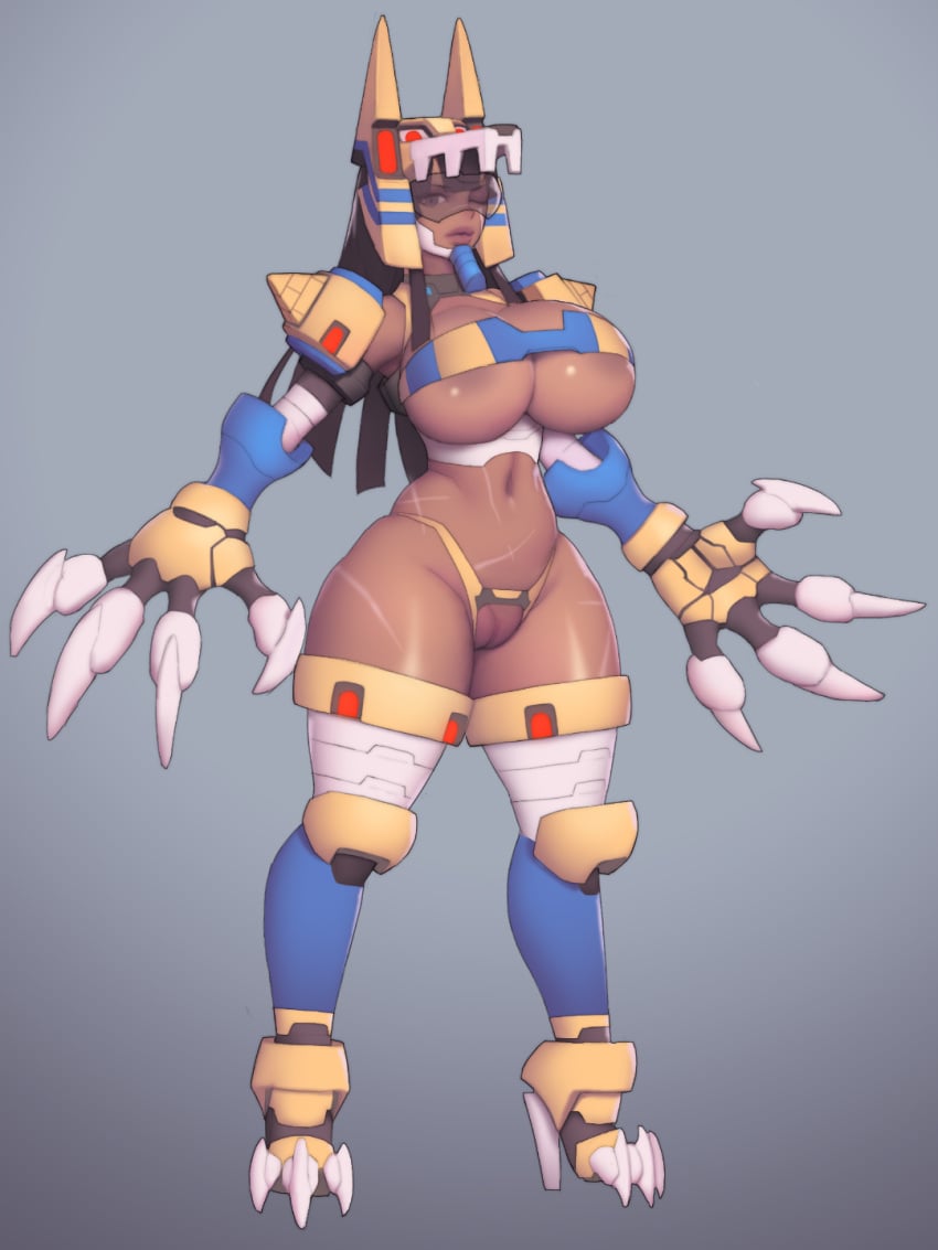 1girls anubis_necromancess areola_slip armor big_breasts breasts capcom cleavage crotchless crotchless_panties dark-skinned_female dark_skin female female_only high_heel_boots high_heels humanized kruth666 large_breasts mega_man mega_man_zero navel one_eye_closed pussy rule_63 scar scars simple_background solo video_games