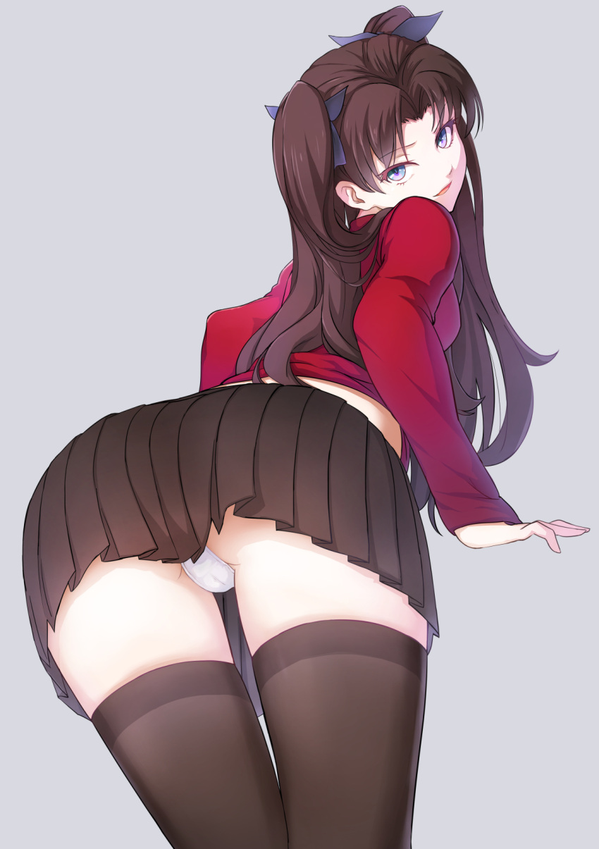 1girls ass black_hair black_ribbon black_skirt black_thighhighs blue_eyes brown_hair butt commentary_request cowboy_shot dat_ass fate/stay_night fate_(series) fringe from_behind grey_background hair_ribbon highres kyokucho leaning_forward legs_apart long_hair looking_at_viewer looking_back pale-skinned_female panties pantyshot pantyshot_(standing) parted_lips petite pleated_skirt presenting_ass revision ribbon seductive_look seductive_smile simple_background skirt solo standing stockings teenager thighhighs tohsaka_rin twintails two_side_up underwear white_panties