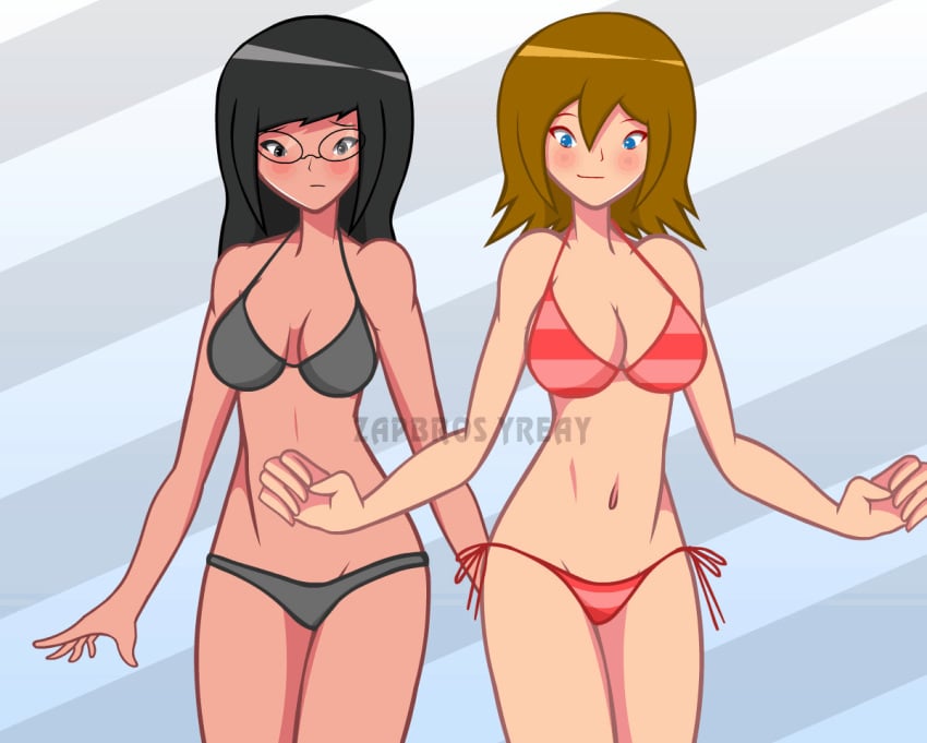 animated bikini black_hair blue_eyes brown_hair dancing glasses zabbraea