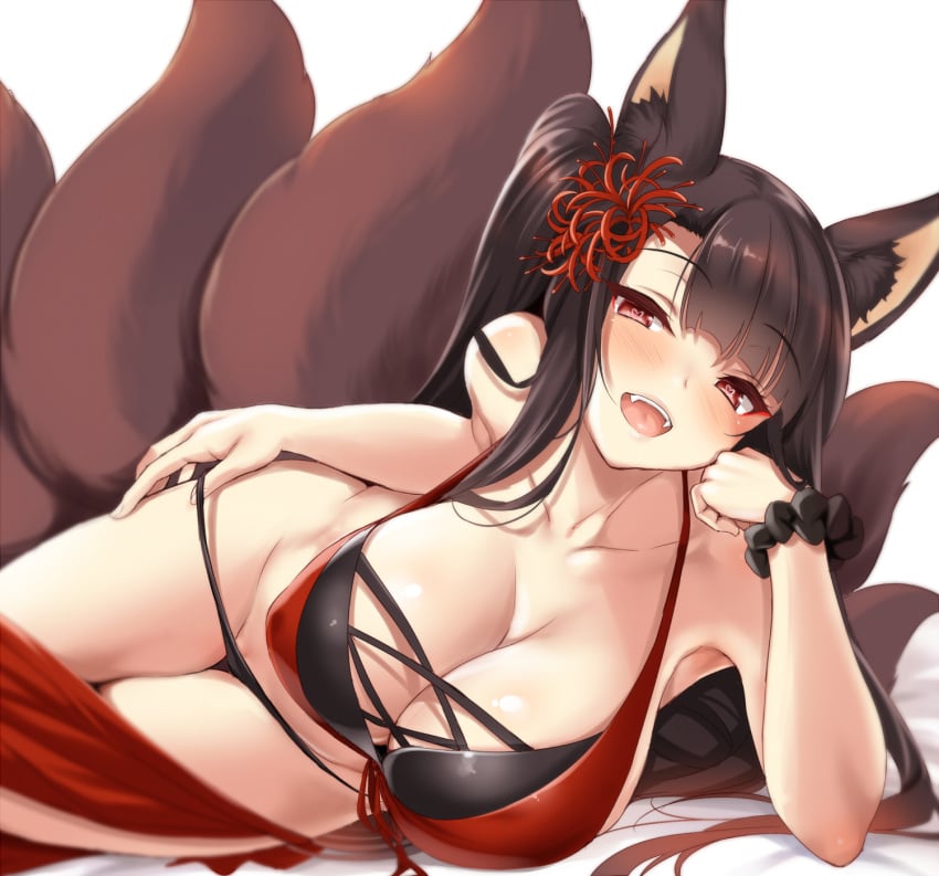 1girls akagi_(azur_lane) akagi_(paradise_amaryllis)_(azur_lane) animal_ears azur_lane bangs bare_shoulders bikini bikini_pull black_bikini_bottom black_hair blunt_bangs blush bracelet breasts cle_masahiro cleavage collarbone eyebrows_visible_through_hair eyeliner fangs female flower fox_ears fox_tail front-tie_bikini front-tie_top hair_flower hair_ornament head_rest heart heart-shaped_pupils highres huge_breasts jewelry kitsune light-skinned_female light_skin long_hair looking_at_viewer lying makeup multiple_tails on_side open_mouth panty_pull pussy_peek red_bikini_top red_eyes sakura_empire_(azur_lane) sarong scrunchie simple_background smile solo swimsuit symbol-shaped_pupils tail thigh_gap white_background wrist_scrunchie