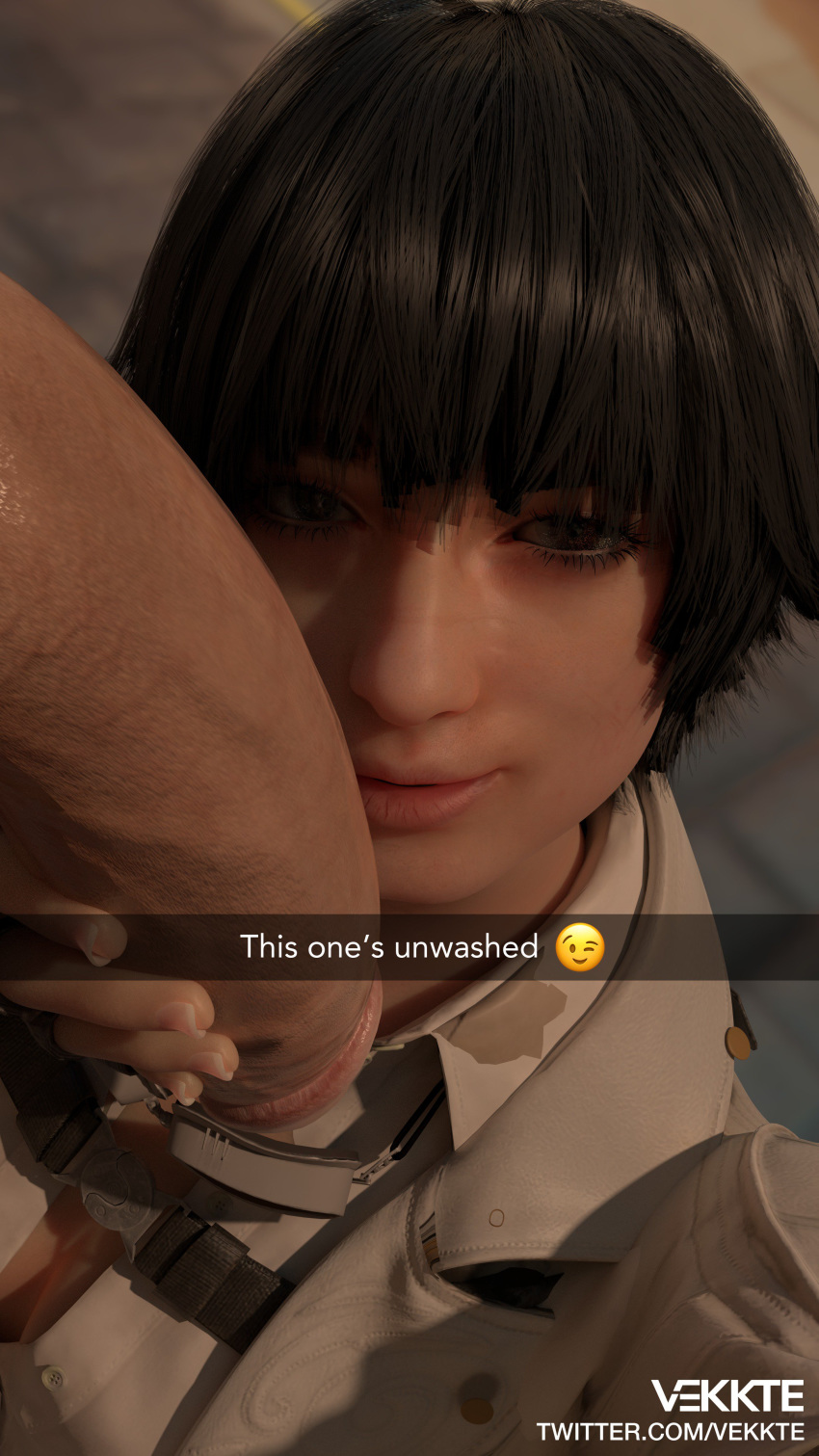 1boy 1girls 3d big_penis black_hair blender clothed_female_nude_male dark_hair devil_may_cry devil_may_cry_5 emoji emoticon erection eyelashes female hand_on_penis holding_penis imminent_oral lady_(devil_may_cry) large_penis lips looking_at_viewer male nails penis penis_awe penis_grab penis_on_face pink_lips selfie short_hair smell smelly_cock snapchat streaked_hair text unwashed_penis vekkte