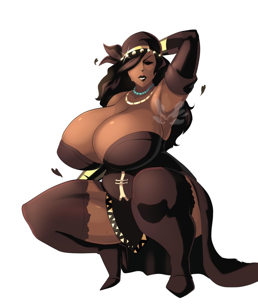 1girls armpit armpits breasts breasts_bigger_than_head cleavage dark-skinned_female dark_skin darkest_dungeon female female_only huge_breasts omen_seeker solo sweaty sweaty_armpit thighhighs xiceowl