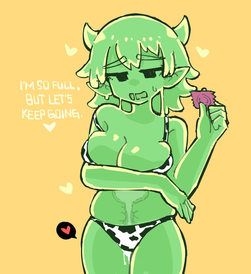 1girls 2d after_sex after_vaginal big_breasts black_eyes breasts condom cow_print_bikini cum cum_inside female female_only front_view heart horns leaking_cum looking_at_viewer lunatheri open_mouth partially_clothed presenting ranna_(lunatheri) see-through slime slime_girl smile solid_color_background solo solo_female standing sweat text thick_thighs translucent_body yellow_background