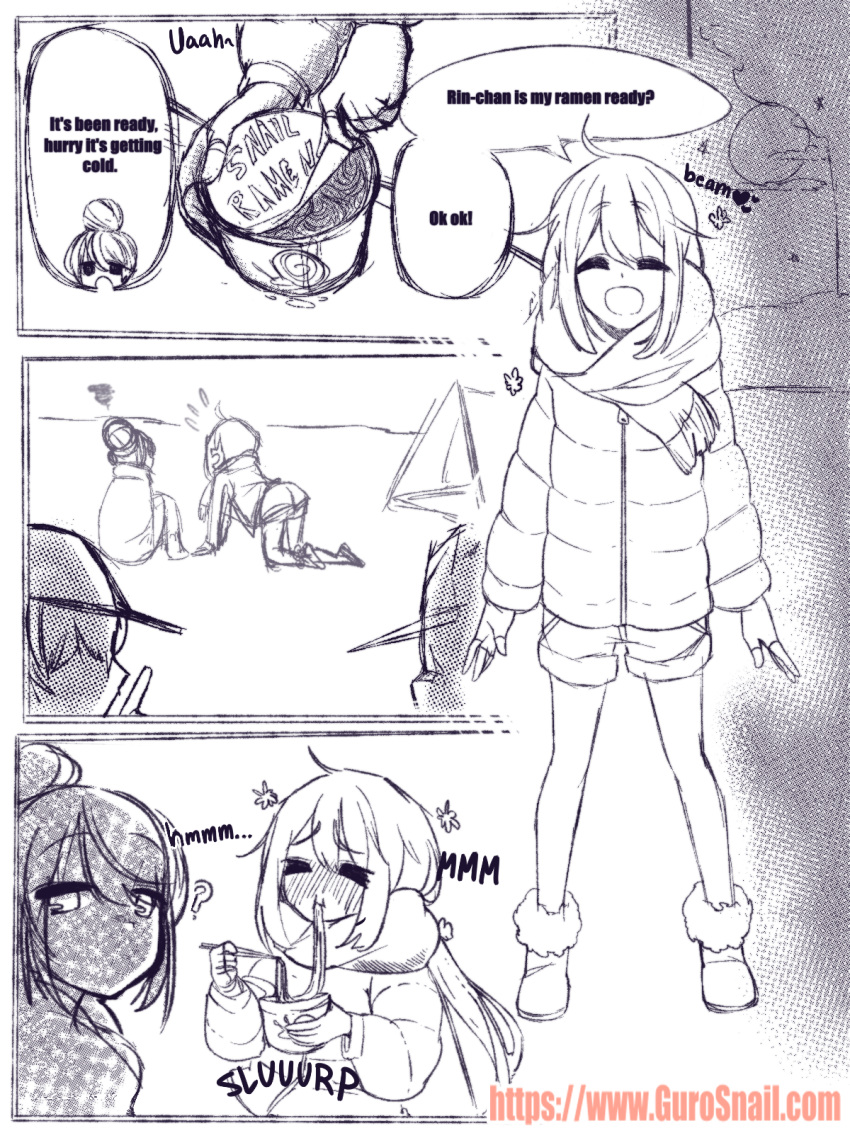 ? closed_eyes comic doujinshi gurosnail happy noodles open_mouth ramen scarf shading shorts slurp smiling standing tagme watermark yurucamp