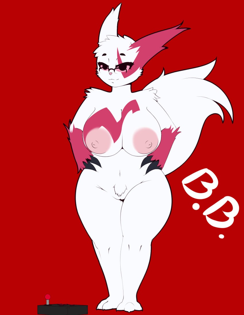 1girls 2018 anthro anthrofied arcade_stick breasts chubby claws dibujosv12 eyewear female fur furry glasses half-closed_eyes hi_res mammal nintendo nipples nude original_character pokémon_(species) pokemon pokemon_(species) pokemon_rse pussy red_eyes simple_background smile solo text thick_thighs video_games watermark white_fur wide_hips zangoose