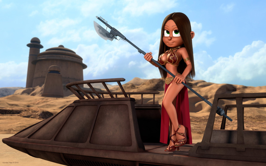 1girls 3d armband bantha-ii_cargo_skiff bare_shoulders big_breasts bra bracer brown_hair busty cleavage curvy day detailed_background female female_only front_view high_heels holding_object hourglass_figure human jabba's_palace kondaspeter long_hair looking_at_viewer metal_bikini midriff outdoor outside pose posing sand shadow shiny shiny_skin skirt slave_bikini slave_leia_(cosplay) solo standing star_wars tatooine vibro_axe vivi_(kondaspeter) voluptuous weapon wide_hips