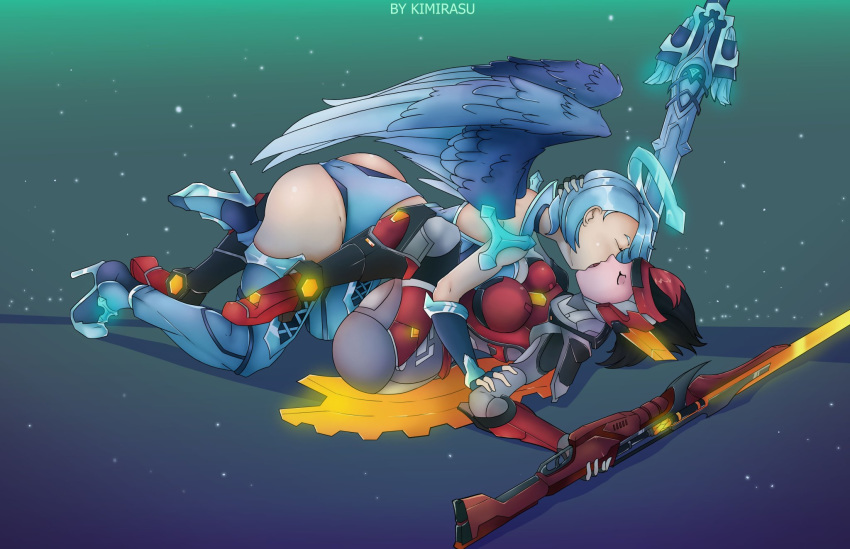 2d ass black_hair blue_hair blue_wings coldsnap_furia dat_ass female furia_(paladins) kimirasu kiss kissing omega_vivian paladins rifle vivian_(paladins) weapon wings yuri