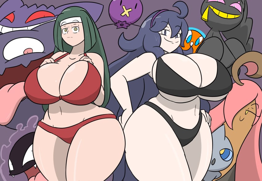 2girls ambiguous_gender banette belly big_breasts bikini bikini_bottom bikini_top black_bikini breasts busty channeler_(pokemon) cleavage clothed clothes clothing color colored curvaceous curvy dark_hair drifloon eyebrows_visible_through_hair female feral gastly gengar ghost gourgeist green_hair hair_over_eyes hairband hand_on_hip haunter headband hex_maniac hourglass_figure huge_ass huge_breasts human human_only igphhangout large_breasts long_hair midriff multiple_females multiple_girls navel nintendo npc_trainer pokemon pokemon_lgpe pokemon_rgby pokemon_xy purple_eyes purple_hair red_bikini rotom shuppet smile smiling spiral_eyes stomach swimsuit thick_thighs very_long_hair voluptuous wide_hips yellow_eyes