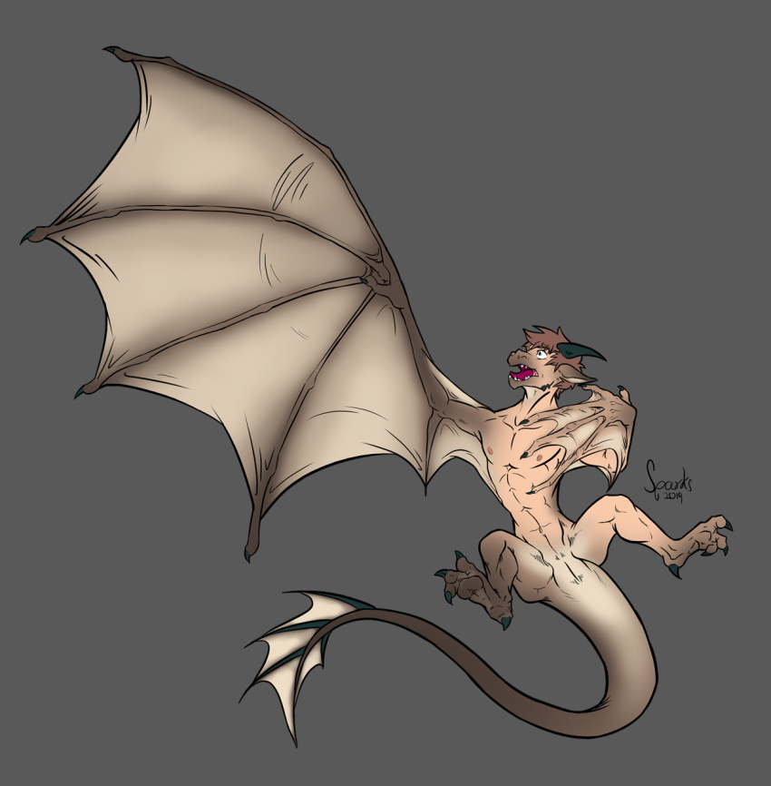 animal_genitalia claws dragon feral genital_slit grey_background hair hi_res hindpaw horn human male mammal membranous_wings nipples nude open_mouth original_character paws simple_background slit solo sparks_99 tail toe_claws transformation winged_arms wings wyvern