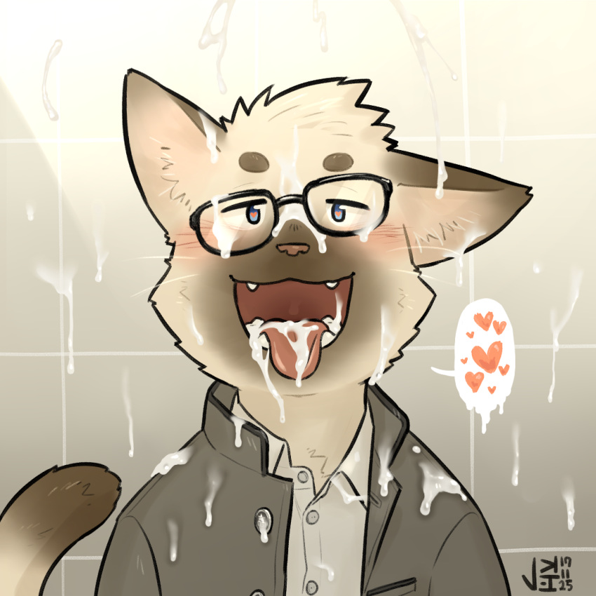 anthro blue_eyes blush brown_fur clothing cum cum_everywhere domestic_cat dress_shirt eyewear felid feline felis fur gay glasses jacket jeck male mammal messy shirt solo tongue tongue_out whiskers