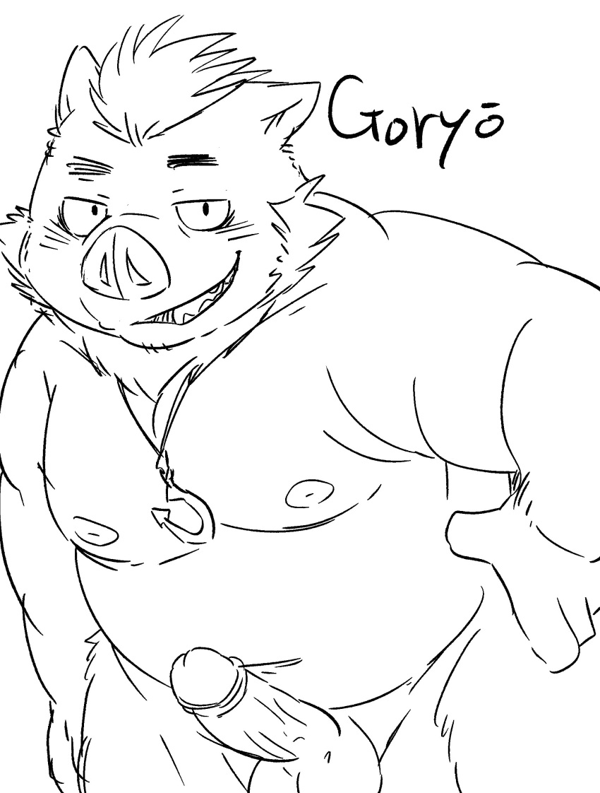 2019 absurd_res anthro balls belly erection gouryou hi_res humanoid_hands humanoid_penis male male_only mammal mohawk monochrome moobs nipples penis simple_background slightly_chubby solo suid suina sus_(pig) tiri_mama tokyo_afterschool_summoners video_games white_background wild_boar