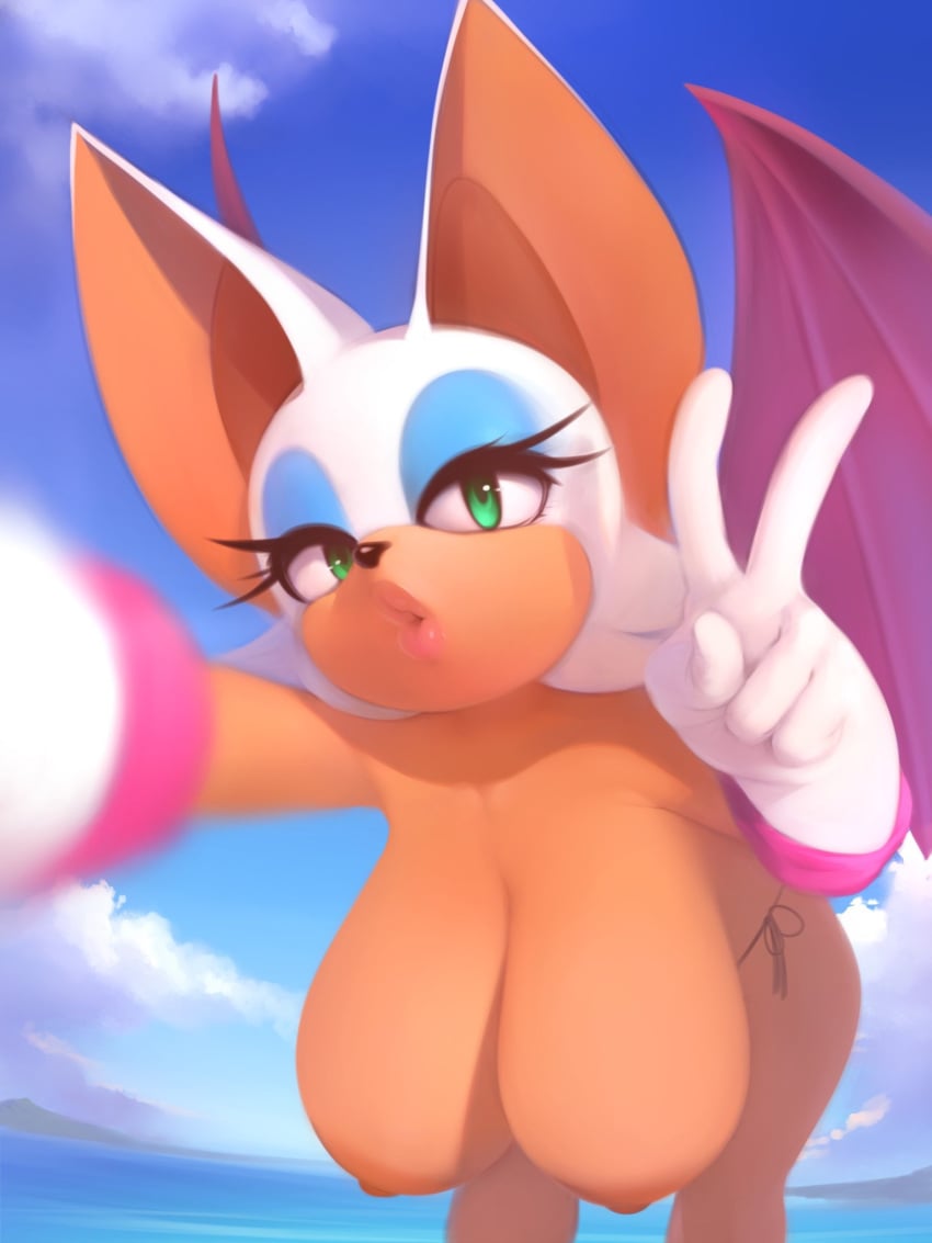 1girls 2019 2d anthro areolae background bat beach bent_over big_areola big_breasts big_ears big_nipples breasts cleavage clothing exposed_torso eyelashes female female_only footwear gesture gloves green_eyes handwear hanging_breasts large_breasts lips looking_at_viewer mobian mobian_(species) mobian_bat mostly_nude nipples nude open_mouth plantpenetrator puckered_lips purple_wings rouge_the_bat sega selfie side-tie_bikini side-tie_panties sky solo sonic_(series) sonic_adventure_2 sonic_the_hedgehog_(series) topless v white_gloves wings