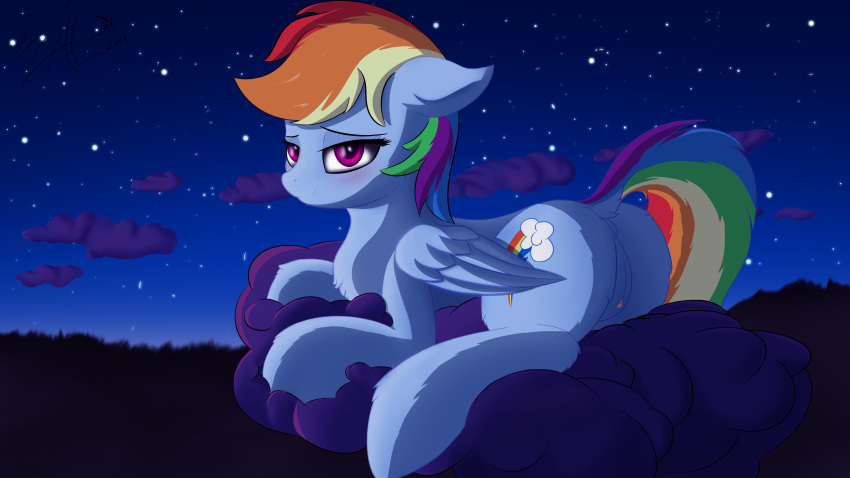 16:9 2019 absurd_res ass bedroom_eyes blush cloud cutie_mark dock equid equine feathered_wings feathers female feral friendship_is_magic hair half-closed_eyes hi_res looking_at_viewer looking_back mammal multicolored_hair my_little_pony night on_cloud pterippus purple_eyes pussy rainbow_dash_(mlp) rainbow_hair seductive smile solo wings